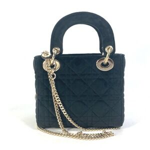 Dior Leather Black Lady Chain Rhinestone Velour Handbag Shoulder Cannage